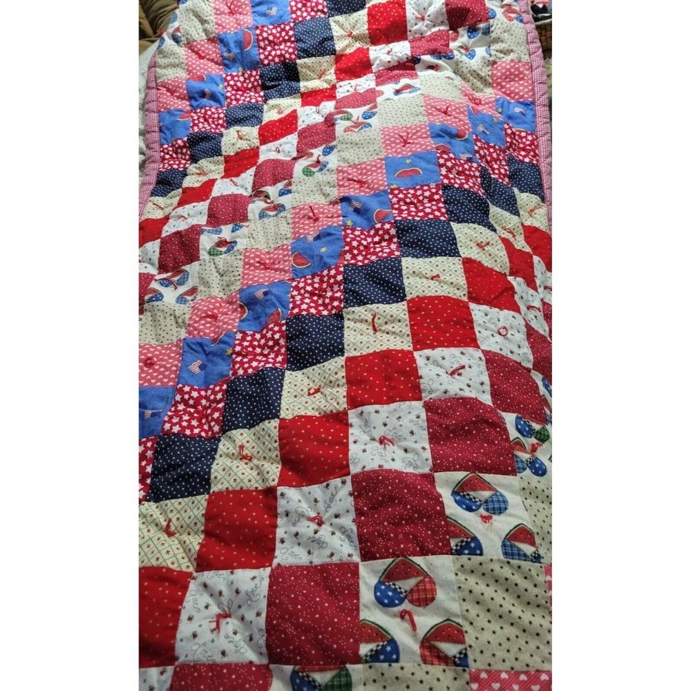 Quilt Lap Blanket Red White Blue 4th Of July  America Patchwork Hand Tied Edged